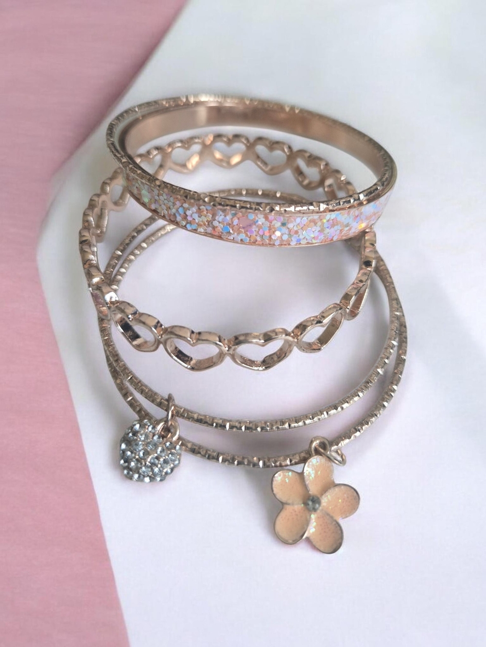 Rose Gold Floral & Heart Charm Bangle Set -